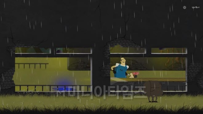 '피그로맨스' 인게임 화면. 히로돈이 해체되는 모습을 슬프게 보고 있는 주돈공. 이후 해체된 히로돈의 부위를 모으는 것이 탈출과 함께 게임의 목적이다.