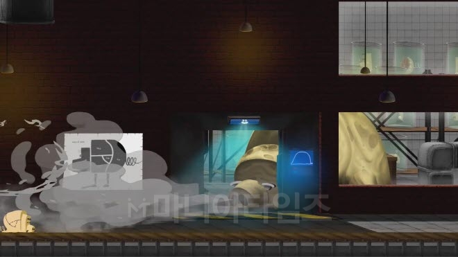 '피그로맨스' 인게임 화면. 앞으로 모아야 하는 부위를 거대 돼지가 알려준다.