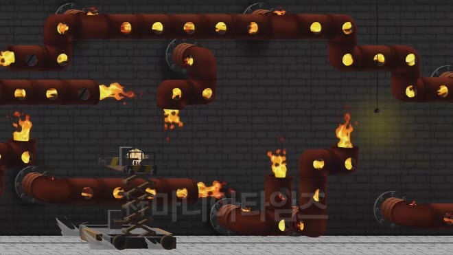 '피그로맨스' 인게임 화면. 이 부분은 빠르게 진행되는데다 뒤에서 커팅맨이 쫒아오는 게임 초중반에 만나는 최대 난코스로 공략을 보지 않는다면 몇 차례 시도만으로 클리어하기 어렵다. 이렇게 난이도가 들쭉날쭉하게 확 올라가는 부분이 종종 있다.