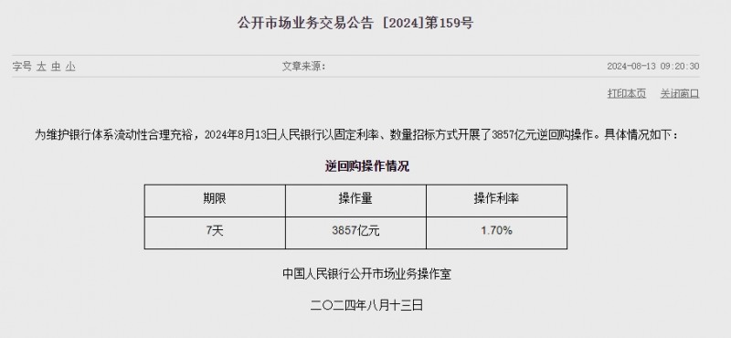 중국 인민은행 유동성 3850.8억위안 순공급...이번주 4589.1억위안 순공급