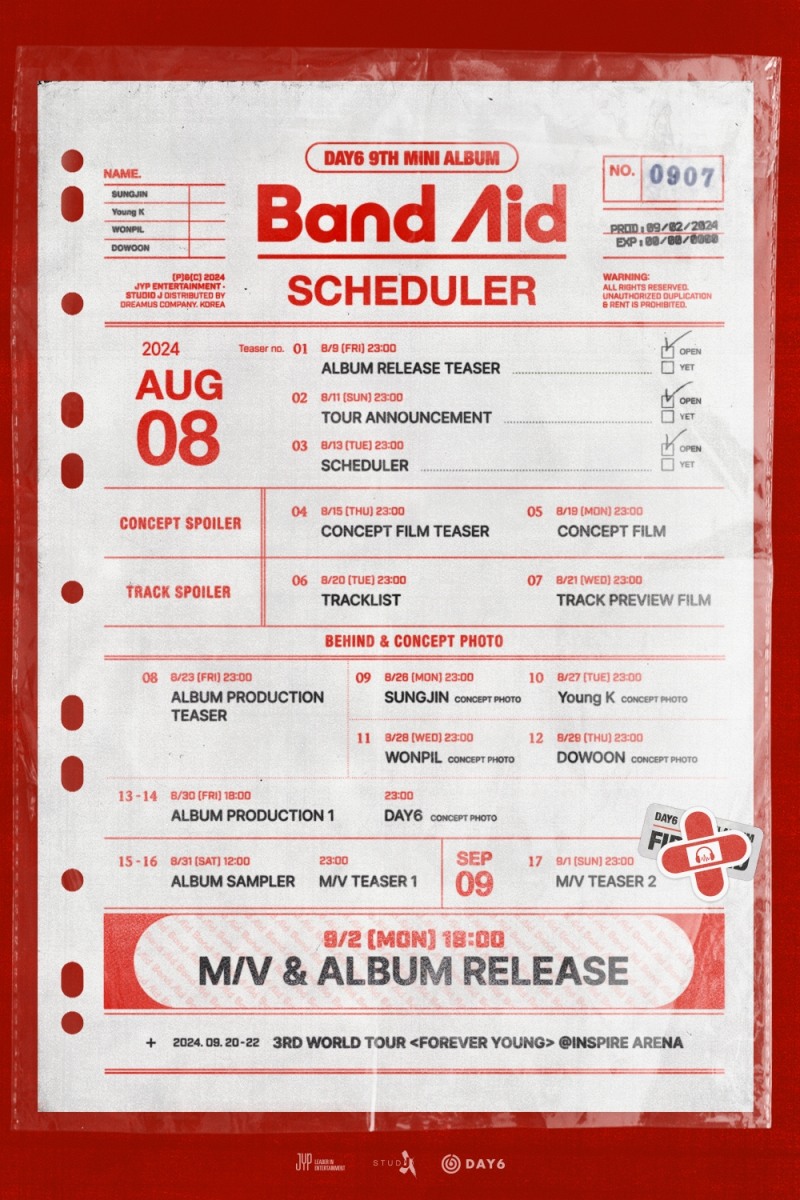 DAY6, 새 미니 앨범 'Band Aid' 스케줄러 공개…알찬 티징 콘텐츠 예고
