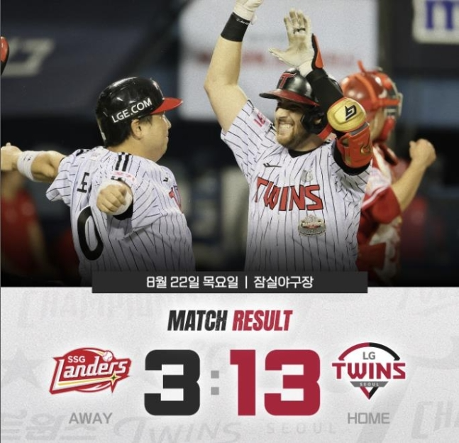 LG '오브라더스 7타점 합작' 오스틴 만루포-오지환 5출루, SSG 완파하고 위닝 시리즈