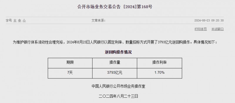 중국 인민은행 유동성 2415억위안 순공급...이번주 3471억위안 순회수