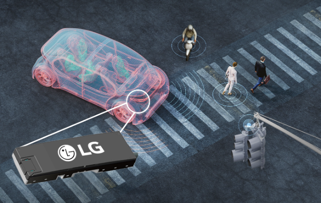 LG전자가 폭스바겐의 내연기관 차량용으로 공급하고 있는 V2X(Vehicle to Everything, 차량·사물간 통신) 모듈이 세계 최초로 보안 안정성을 평가하는 국제공통평가기준(Common Criteria, 이하 CC) 인증을 획득했다. LG전자 V2X 모듈이 탑재된 자동차가 도로에 있는 보행자 및 다양한 사물과 정보를 주고 받는 모습의 개념도.