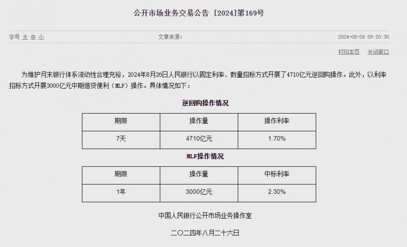 (상보) 중국 인민은행, 1년물 MLF 금리 2.3%로 동결...유동성 3179억위안 순공급