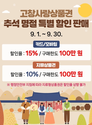 고창군, 추석 맞이 고창사랑상품권 9월 한달 특별할인 판매