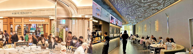 (왼쪽부터) 신세계백화점 강남점 스위트 파크 전경, 롯데백화점 타임빌라스 수원 3층 '고든램지 스트리트 버거' 매장 전경