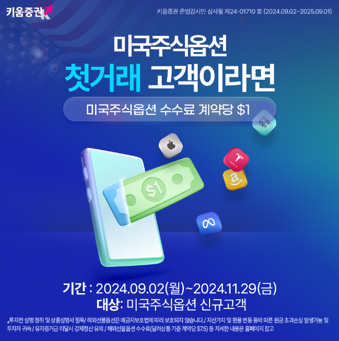 키움증권이 2일부터 미국주식옵션 첫거래 고객을 대상으로 ‘미국주식옵션 수수료 계약당 $1 이벤트’를 진행한다. /사진=키움증권