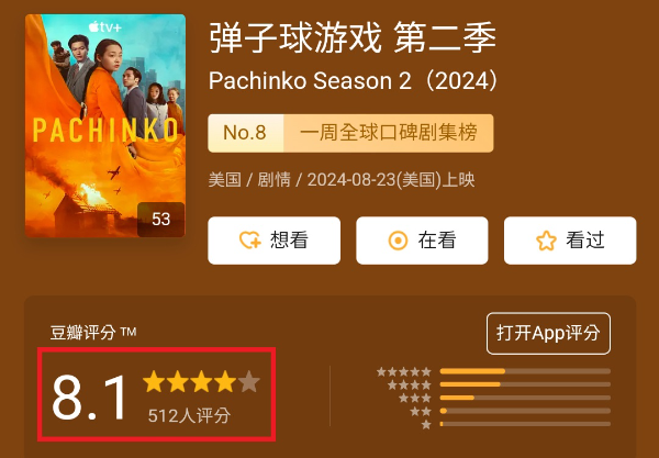 '파친코 시즌 2'에 관한 더우반 리뷰 화면