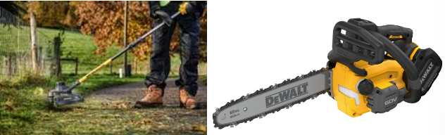(좌측부터) 디월트 ‘60V MAX 플렉스볼트 브러쉬리스 예초기, ‘60V MAX 플렉스볼트 브러쉬리스 탑핸들 체인톱’