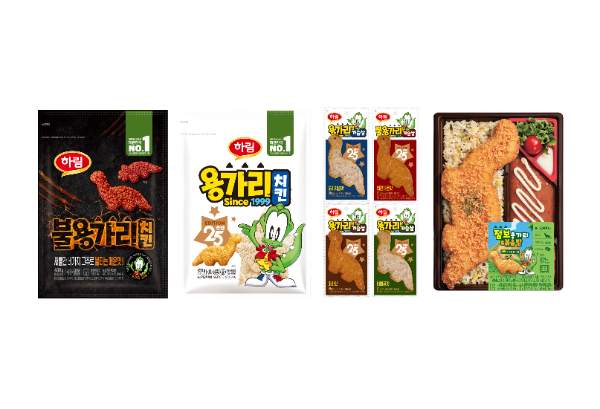 신제품 (왼쪽부터) ‘불 용가리 치킨’, ‘용가리 치킨’ 25주년 한정판, ‘용가리 닭가슴살 오리지널, 화끈매운맛, 마라맛, 바베큐맛’, ‘점보 용가리&볶음밥 정식’