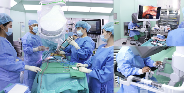 흉선종 단일공 로봇수술을 시행하고 있는 한림대학교동탄성심병원 심장혈관흉부외과 이희성 교수. (한림대학교동탄성심병원 제공)
