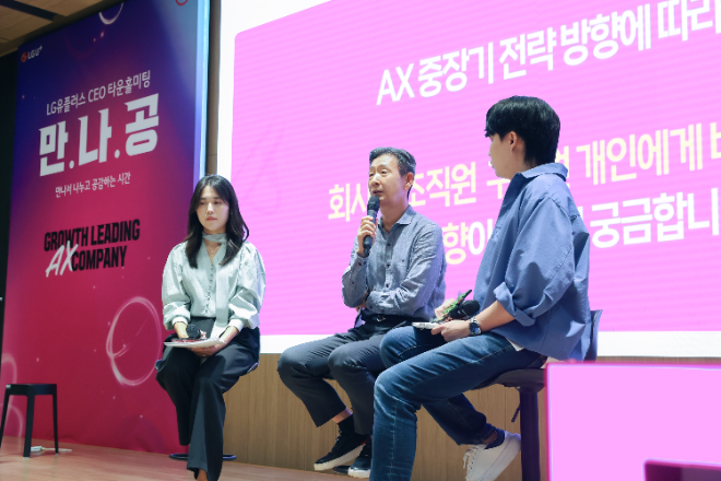 LG유플러스는 16일 전사 임직원들을 대상으로 타운홀 미팅을 열고 AX 컴퍼니로 성장하기 위한 전략들을 직원들과 공유했다. ⓒLG유플러스