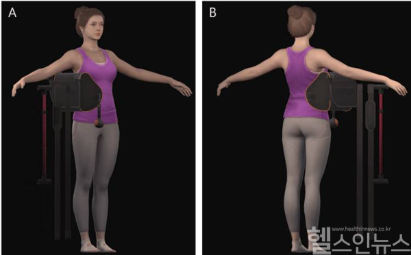 재활 동작을 수행하는 아바타. (A) 전면 보기 및 (B) 후면 보기 (연세사랑병원 제공)