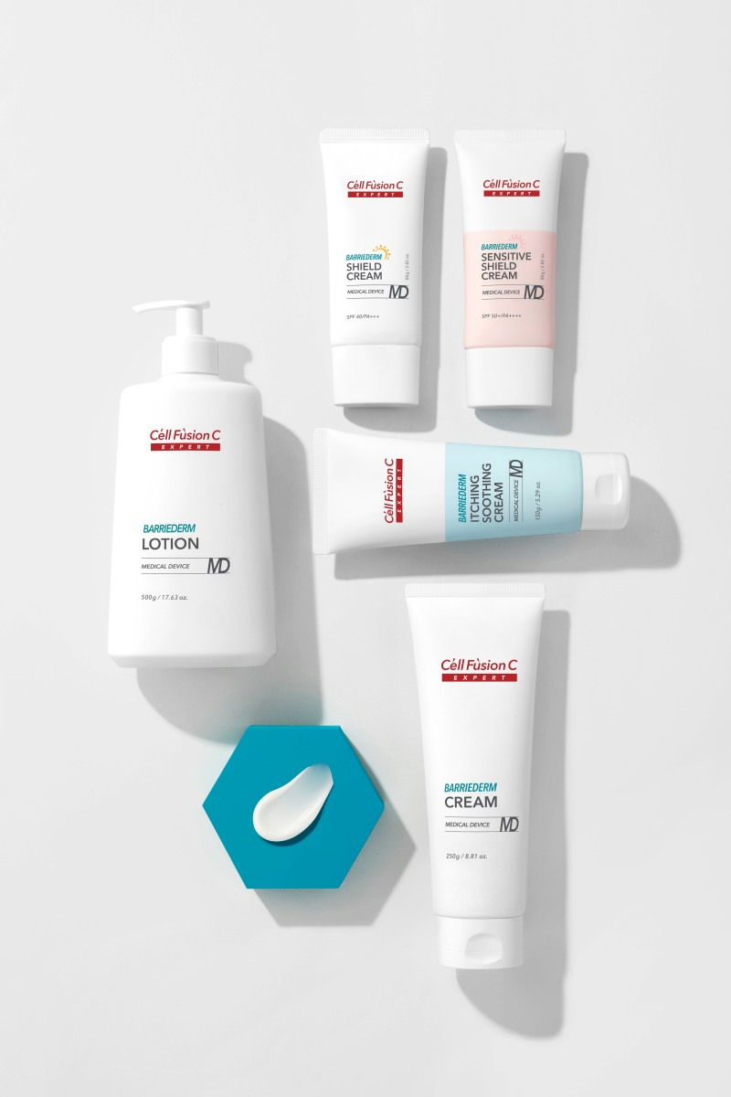 출시 5주년을 맞이한 ‘셀퓨전씨 엑스퍼트 배리덤 MD’, (왼쪽부터 시계방향) 배리덤 로션 MD, 쉴드 크림 MD 2종, (신제품) 잇칭수딩크림 MD, 배리덤 크림 MD (사진제공= 셀퓨전씨 엑스퍼트)