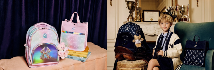 ▲ MLB키즈 오로라 모노그램 책가방 세트(왼), 갤럭시 모노그램 책가방 세트(오) (사진제공=MLB키즈)