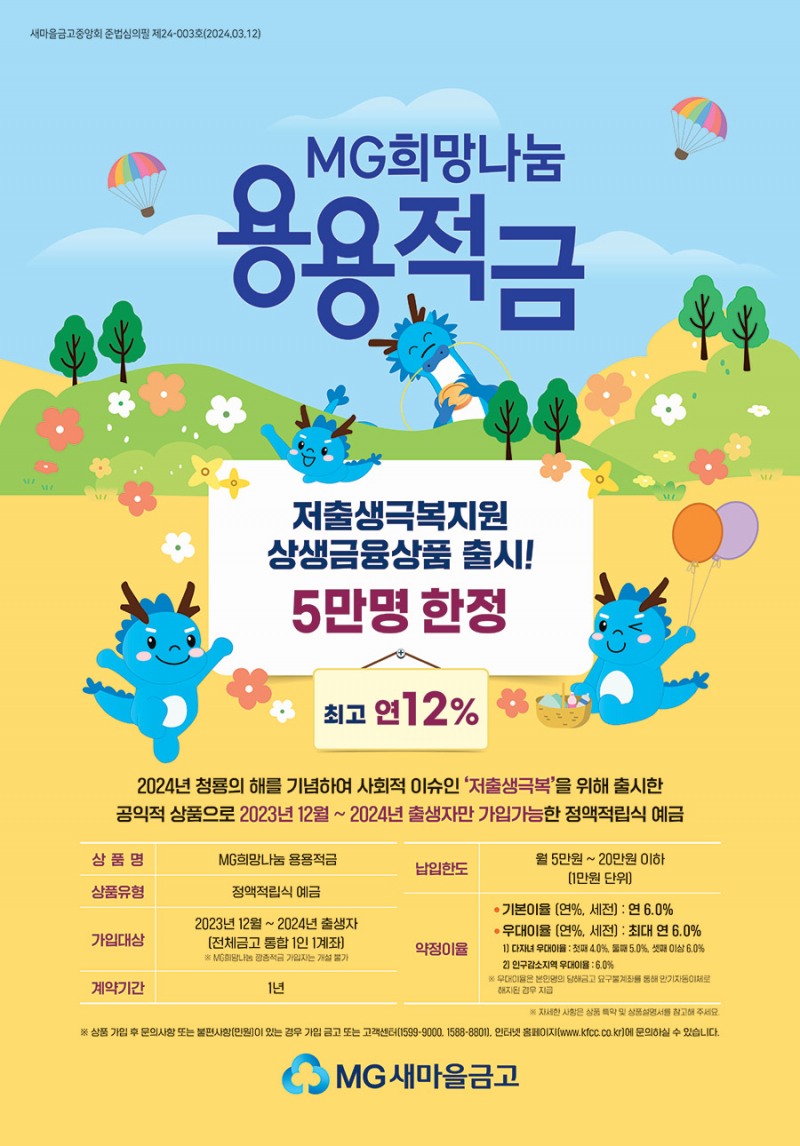 새마을금고, 2024년 출생아 지원‘MG희망나눔 용용적금’가입자 3만5천명 돌파