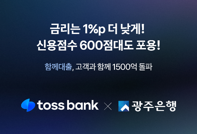 토스뱅크는 광주은행과 함께 준비해 선보인 함께대출이 이달 29일 1500억 원을 넘어섰다고 30일 밝혔다. ⓒ 토스뱅크