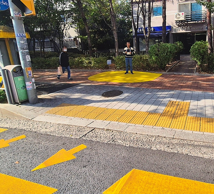 초등학생들이 횡단을 위해 옐로우 힐에서 대기하고 있다