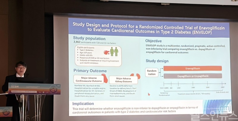 김신곤 교수가 엔블로의 심장 및 신장 결과를 평가하는 ENVELOP 연구를 소개하고 있다. (대웅제약 제공)