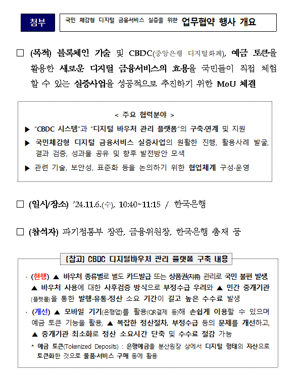 CBDC 및 예금 토큰 기반 '국민 체감형 디지털 금융서비스 실증' 위한 업무협약 체결