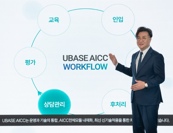 유베이스 권상철 대표이사가 유베이스 그룹의 AICC 통합솔루션을 소개하고 있다.