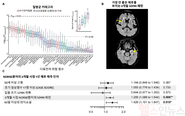 A) 신생 난치성 뇌전증 지속발작(NORSE)의 다유전자 위험 점수가 자가면역질환과 가장 유사한 패턴을 보임 B) 3개월 시점 NORSE 환자의 뇌 MRI를 통한 예후 예측 지표 확인 C) 3개월 시점 뇌 MRI 패턴과 60일 이상의 의식 소실 여부가 장기 예후 결정에 중요한 요소로 작용함 (서울대병원 제공)