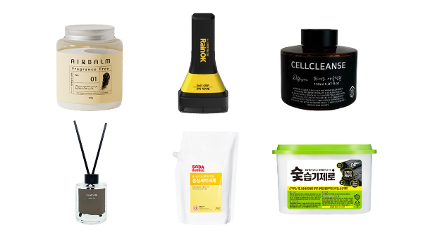 (왼쪽부터 시계방향) ㈜데시존의 ‘에어밤 무향’, ㈜불스원의 ‘레인오케이(RainOK) 유막제거 이지그립’,와니라이프의 ‘셀클린즈 디퓨저 화이트 가을정원’, ㈜피죤의 ‘숯 습기제로’, 지원상사의 ‘소다버블 중성세탁세제’, 향기 만드는 가게의 ‘골든베이 디퓨저’