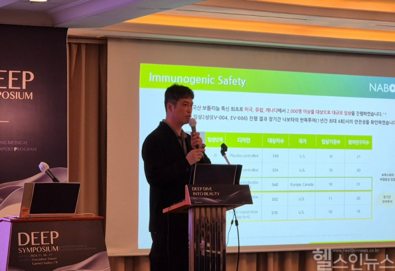 ‘딥 심포지엄’에서 이유석 강남뷰베스트의원 원장이 나보타 임상결과에 대해 발표하고 있다. (대웅제약 제공)
