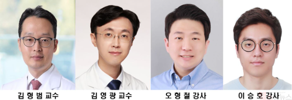 (왼쪽부터) 김형범 연세대 의대 약리학교실 교수, 김영광 가톨릭대 의대 병리학교실 교수, 오형철 강사, 이승호 외과학교실 강사 (세브란스병원 제공)