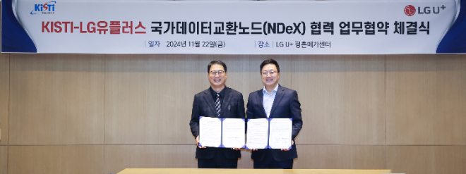 LG유플러스가 한국과학기술정보연구원(이하 KISTI)와 국가데이터교환노드(NDeX) 구축과 운영 협력을 위한 업무협약을 체결하고 수도권에서 국가 연구 데이터 허브(Hub)를 조성한다.