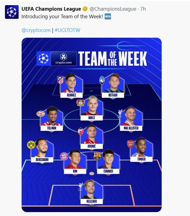 UEFA 챔피언스리그 '이 주의 팀'에 선정된 중앙수비수 김민재.