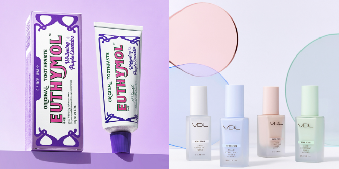 유시몰 화이트닝 퍼플코렉터 치약(좌)·VDL 톤스테인 컬러 코렉팅 프라이머(우). ⓒLG생활건강