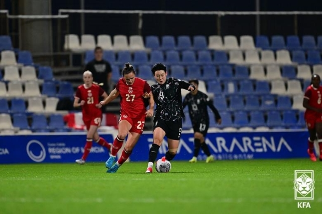 경합하는 캐나다와 한국 여자축구 선수들