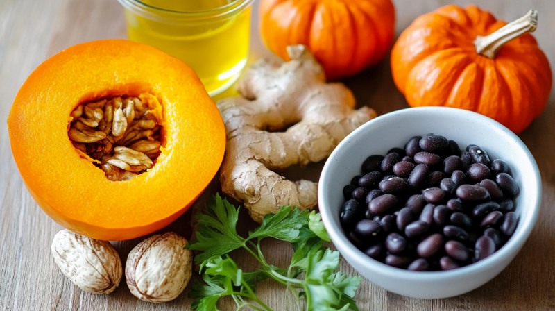 생강, 호두, 단호박, 검은콩은 혈휴 흐름을 원활히 해 수족냉증 개선에 도움을 준다. (AI생성이미지)