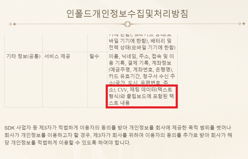 인폴드게임즈 '인피니티 니키' 서비스 관련 논란 중인 개인정보 수집 및 처리 방침(출처='인피니티 니키' 공식 홈페이지 개인정보 수집 및 처리 방침 화면 캡쳐).