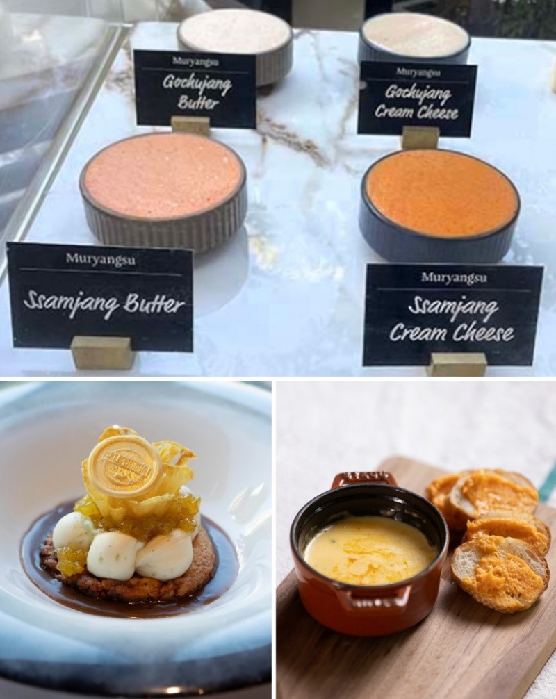 (위)고추장 버터, 고추장 크림치즈, 쌈장 버터, 쌈장 크림치즈(좌) 고추장 브라운버터 쿠키와 라임 파인애플 치즈 케이크 & 쌈장 카라멜, 우) 고추장 치즈 퐁듀