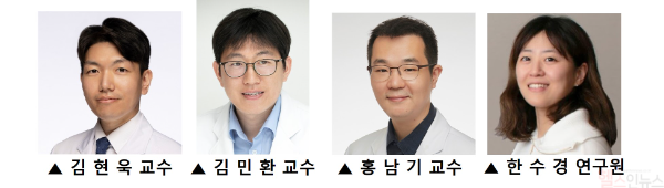 (왼쪽부터) 김현욱‧김민환 연세암병원 종양내과 교수, 홍남기 세브란스병원 내분비내과 교수, 한수경 연세대학교 의과대학 연구지원부 연구원 (세브란스병원 제공)