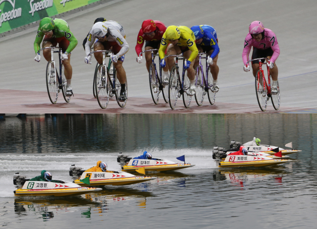 광명스피돔에서 열리는 경륜 경주(위 사진)와 미사 경정장에서 열리는 경정 경주의 한 장면