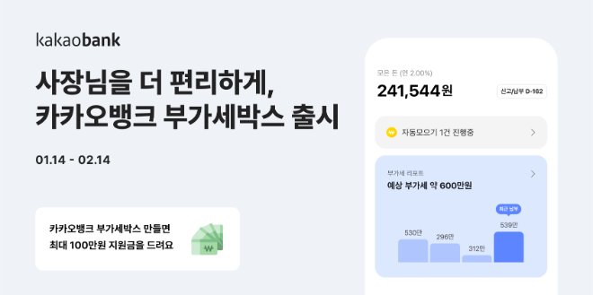 카카오뱅크는 개인사업자 고객들이 편리하게 부가세를 저축·관리할 수 있도록 '부가세박스'를 출시했다고 밝혔다. ⓒ 카카오뱅크