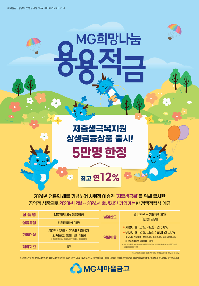 저출생극복지원 2024년 MG희망나눔 용용적금 판매 완료