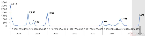 연도별(18~25.1월2주) 인플루엔자 표본감시 입원환자 수 (단위: 명) (질병관리청 제공)