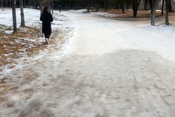 연일 쌀쌀한 날씨가 이어지고 있는 지난 14일 전북 전주시 세병공원의 산책로가 얼어붙어 있다.