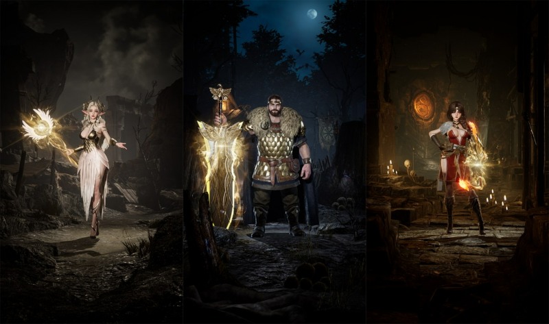 '발할라 서바이벌' 캐릭터 이미지. 왼쪽부터 '소서리스', '워리어', '로그'(제공=라이온하트 스튜디오).