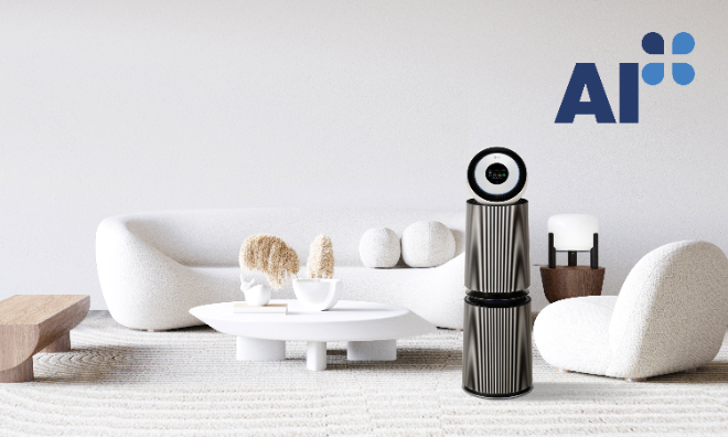 LG전자가 공감지능(AI)으로 실내 공기질까지 관리하는 공기청정기를 선보인다. 사진은 국내에서 공기질 센서로는 처음 ‘AI+ 인증’을 획득한 ‘LG 퓨리케어 오브제컬렉션 AI+ 360˚ 공기청정기. ⓒLG전자