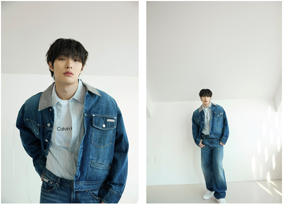 배기핏 다크블루 워시 데님과 80년대 감성의 다크블루 데님 자켓 (캘빈클라인 제공)