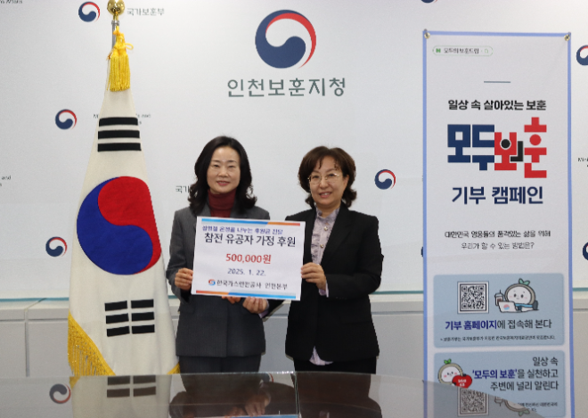 국가보훈부 인천보훈지청(지청장 홍경화)은 한국가스안전공사 인천지역본부(본부장 김은정)로부터 온누리 상품권을 후원받고 있다.