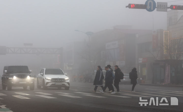 서해상에 낀 짙은 안개로 인천과 섬을 오가는 여객선이 통제된 지난 22일 오전 인천 중구 인천항 연안여객터미널 앞 도로에서 차량들이 전조등을 켠채 운행하고 있다.