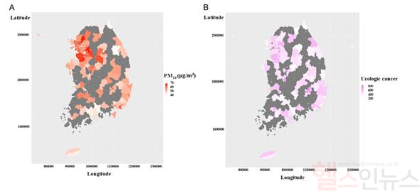 우리나라 미세먼지 농도 분포와 지역별 비뇨기계암 발생률 (서울성모병원 제공)