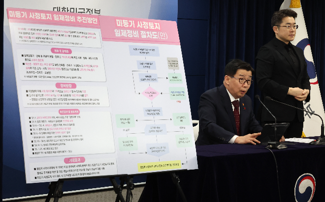 유철환 국민권익위원회 위원장이 지난 24일 서울 종로구 정부서울청사에서 '미등기 사정 토지의 일제 정비 방안'을 발표하고 있다. ⓒ연합뉴스
